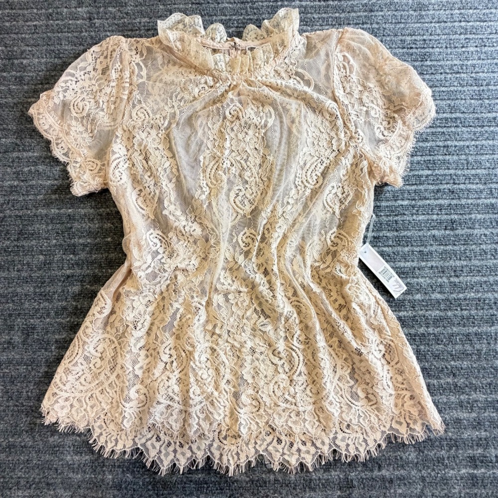 Chelsea28 Sheer Mock Neck Lace Blouse Ruffle Cap Sleeve Cottagecore Cream NWTs